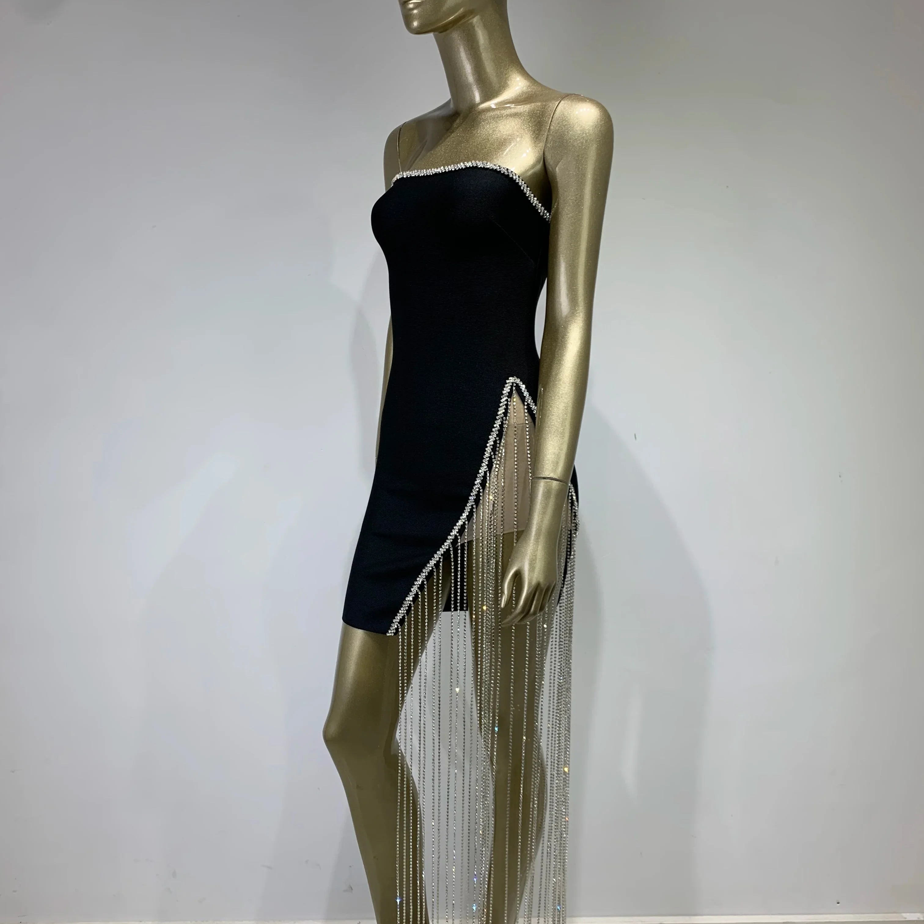 Luxury Women Summer Sexy Strapless Diamonds Crystal Black Mini Bodycon Bandage Dress Elegant Evening Club Party Dress