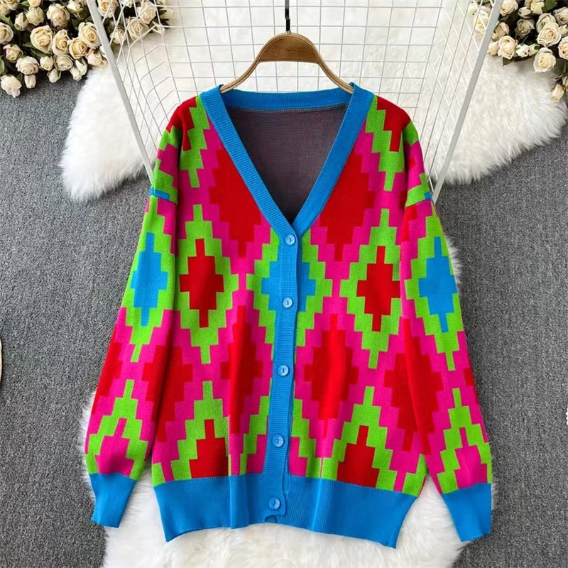 Women Sweater Cardigans Pant Set Casual Suits Long Sleeve Autumn Winter Knitted Loose Elegance Plaid Tops Elastic Sweaterpants