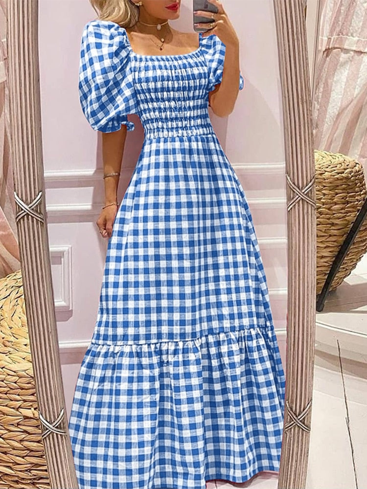 VONDA Summer Long Maxi Dress Women 2024 Casual Short Sleeve Square Collar Vintage Plaid Party Bohemian Vestidos Loose Sundress A-Light Blue