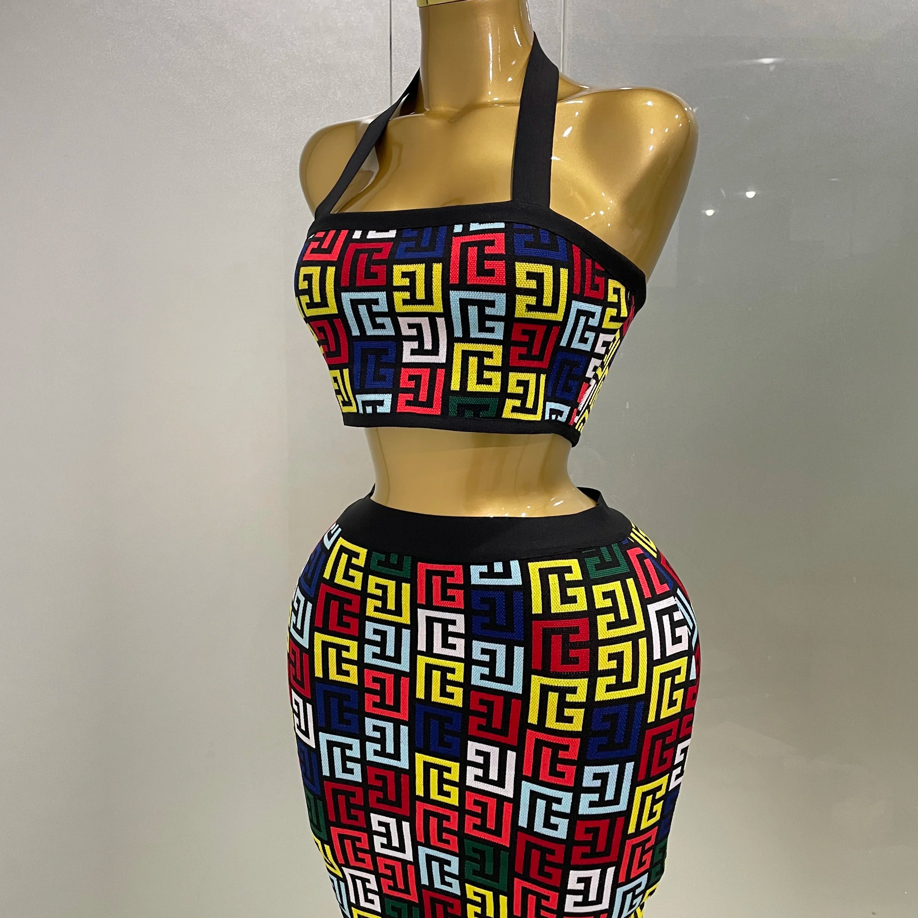 Women 2025 New Sexy Backless Halter Jacquard Two Piece Mini Skirt Bandage Set Celebrity Designer Evening Party Women's Set