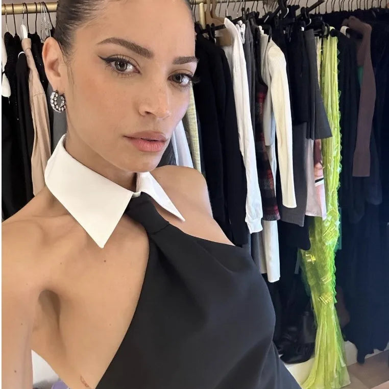 2023 New summer Fashion Design Turn Down Collar Sleeveless Black Mini Dress Woman Rayon Bandage Dress Evening Party Outfit