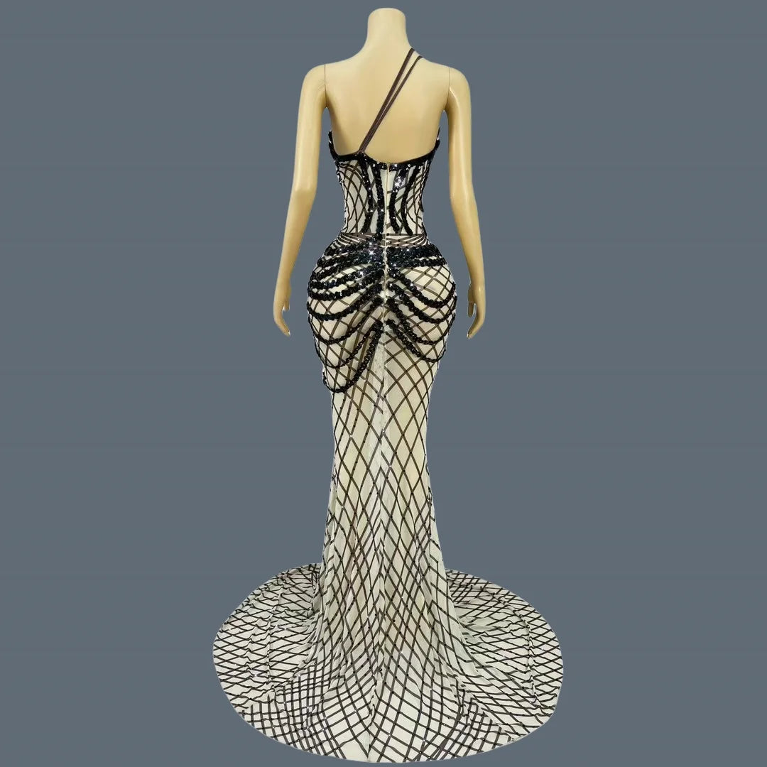 Black Sequins Grid Floor-length Dress for Women Luxury Dinners Deep V Neck Ball Dress Club Celebrate Party Strap Dress Kunsuo