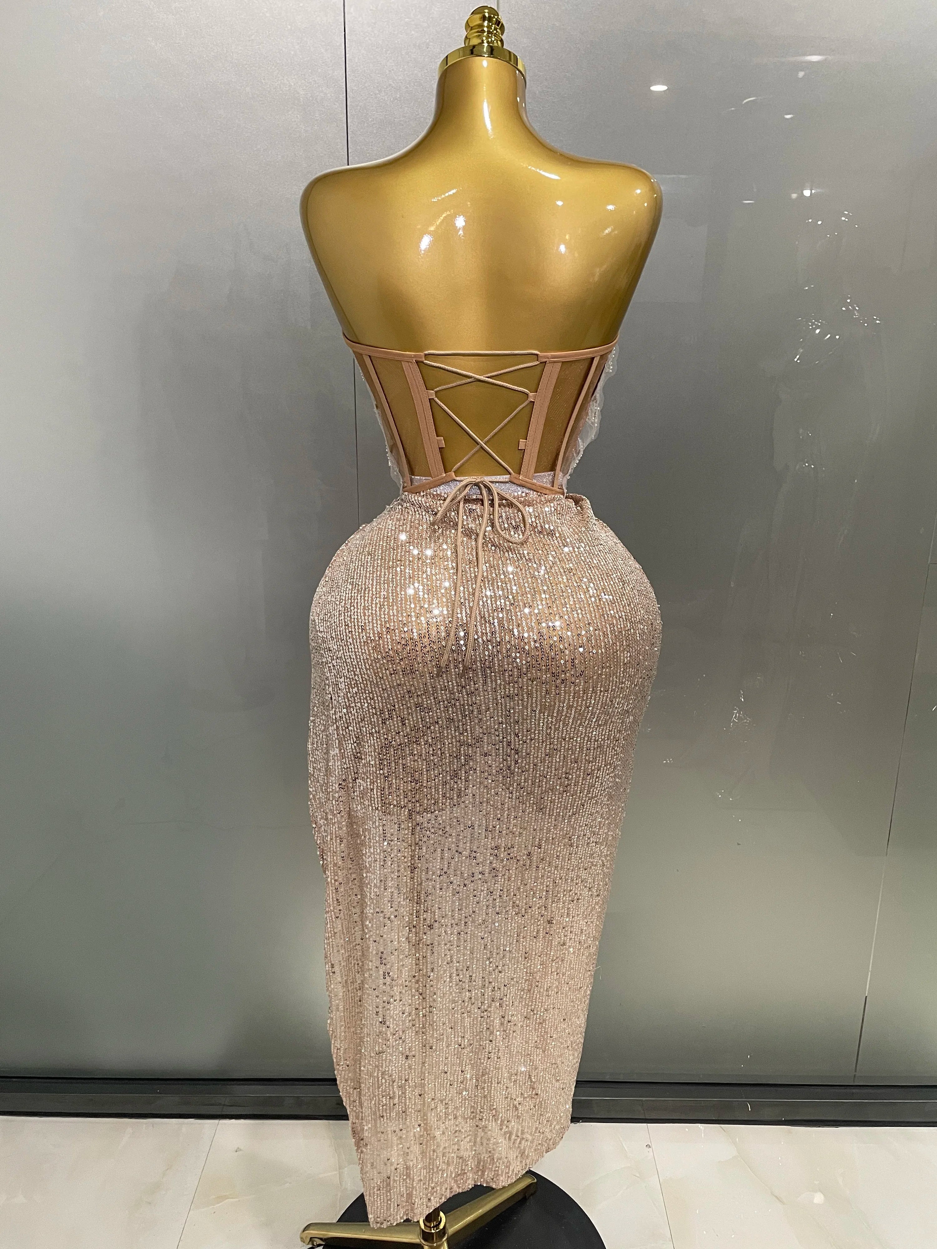 2025New Women Sparkle Rhinestone Sequins Two Pieces Evening Party Dress Celebrate Festival Dancer Bar Nightclub Ds Dj Stage Wear