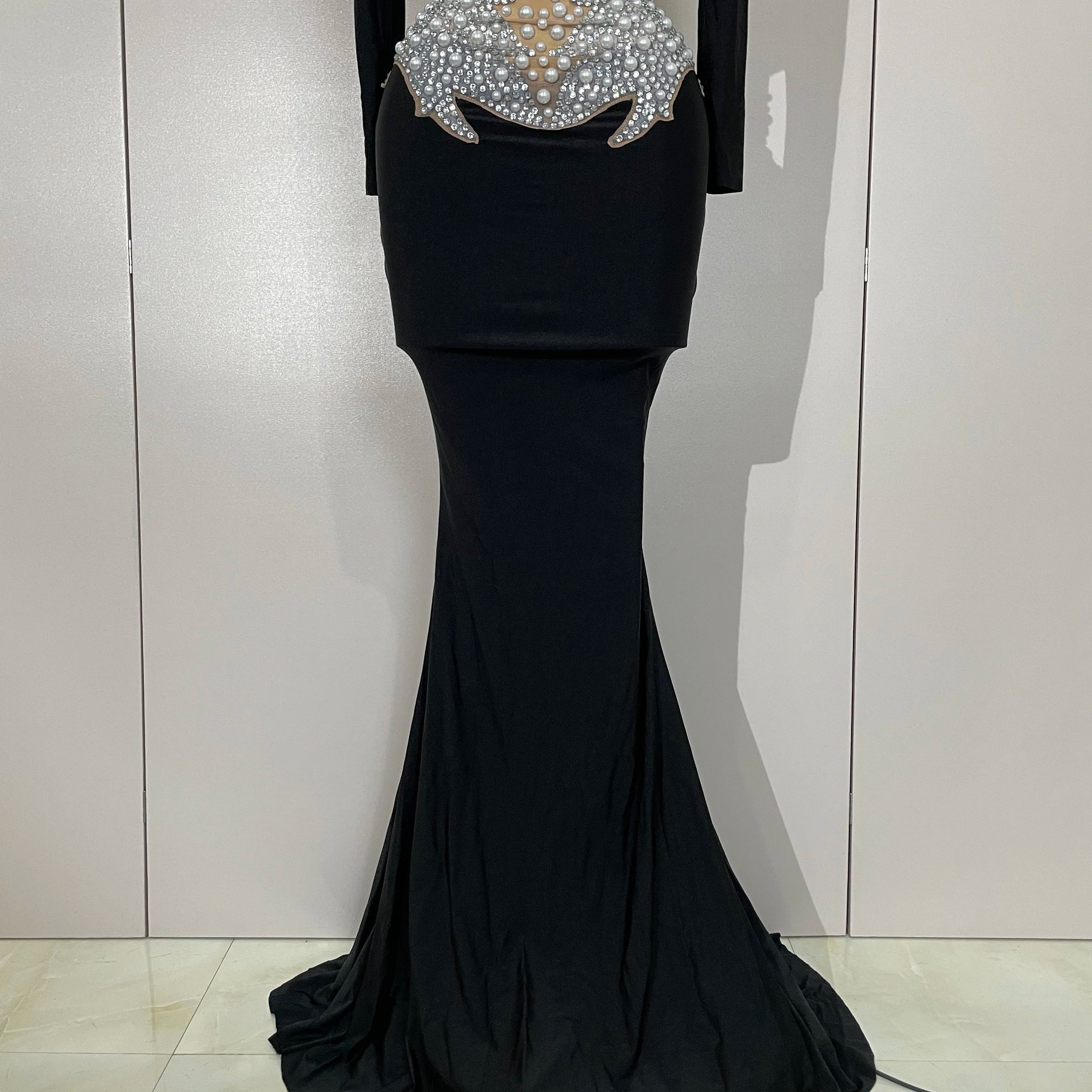 Sparkly Diamonds Pearl Black Sexy See Through Mesh Long Dress Women Wedding Evening Luxury Birthday Party Stage Photoshoot Dress