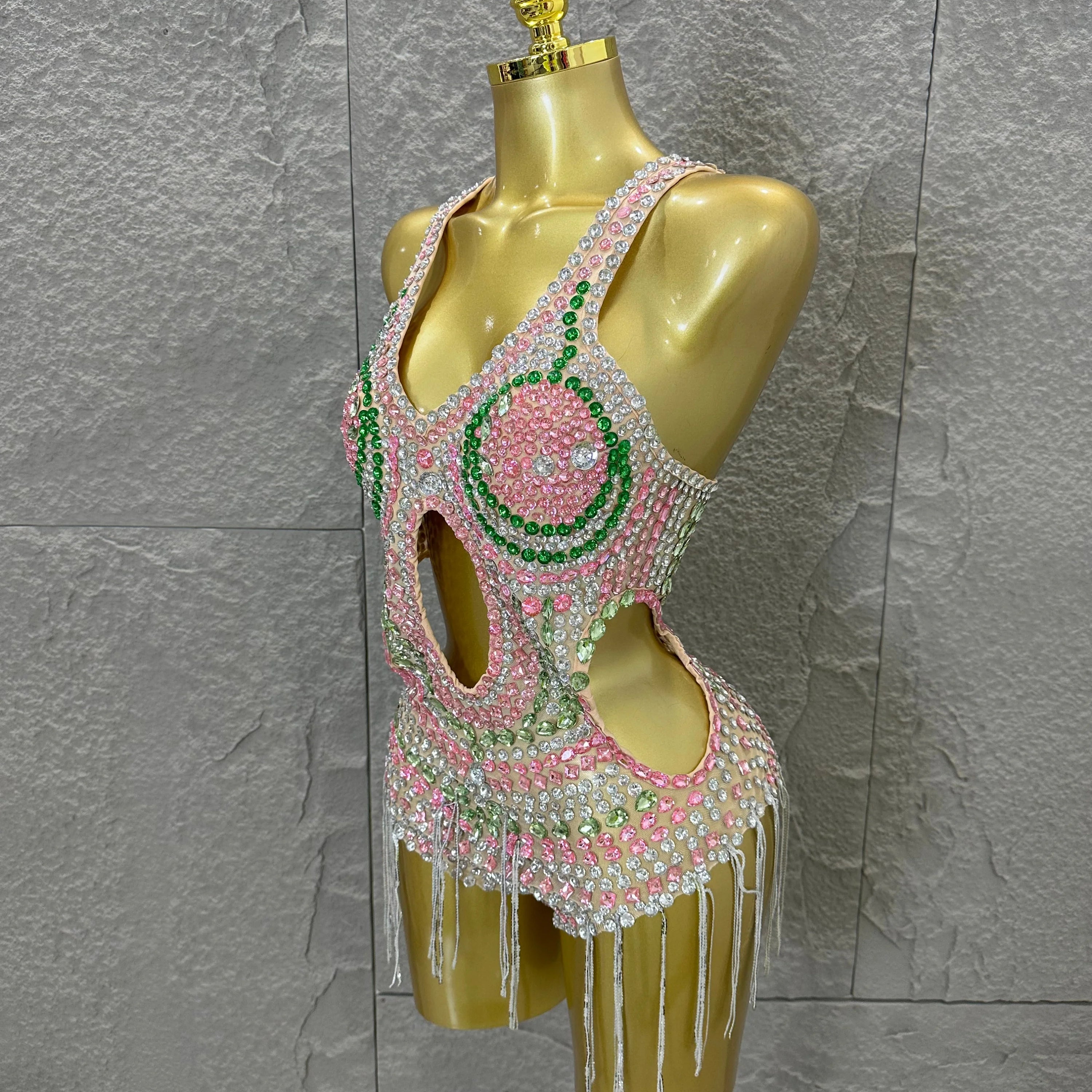 Sexy 2026 Crystal Bodysuit Women Sexy U-Neck Sheer Mesh Cutout Rhinestone Fringe Bodycon Outfit Nightclub Party Costume