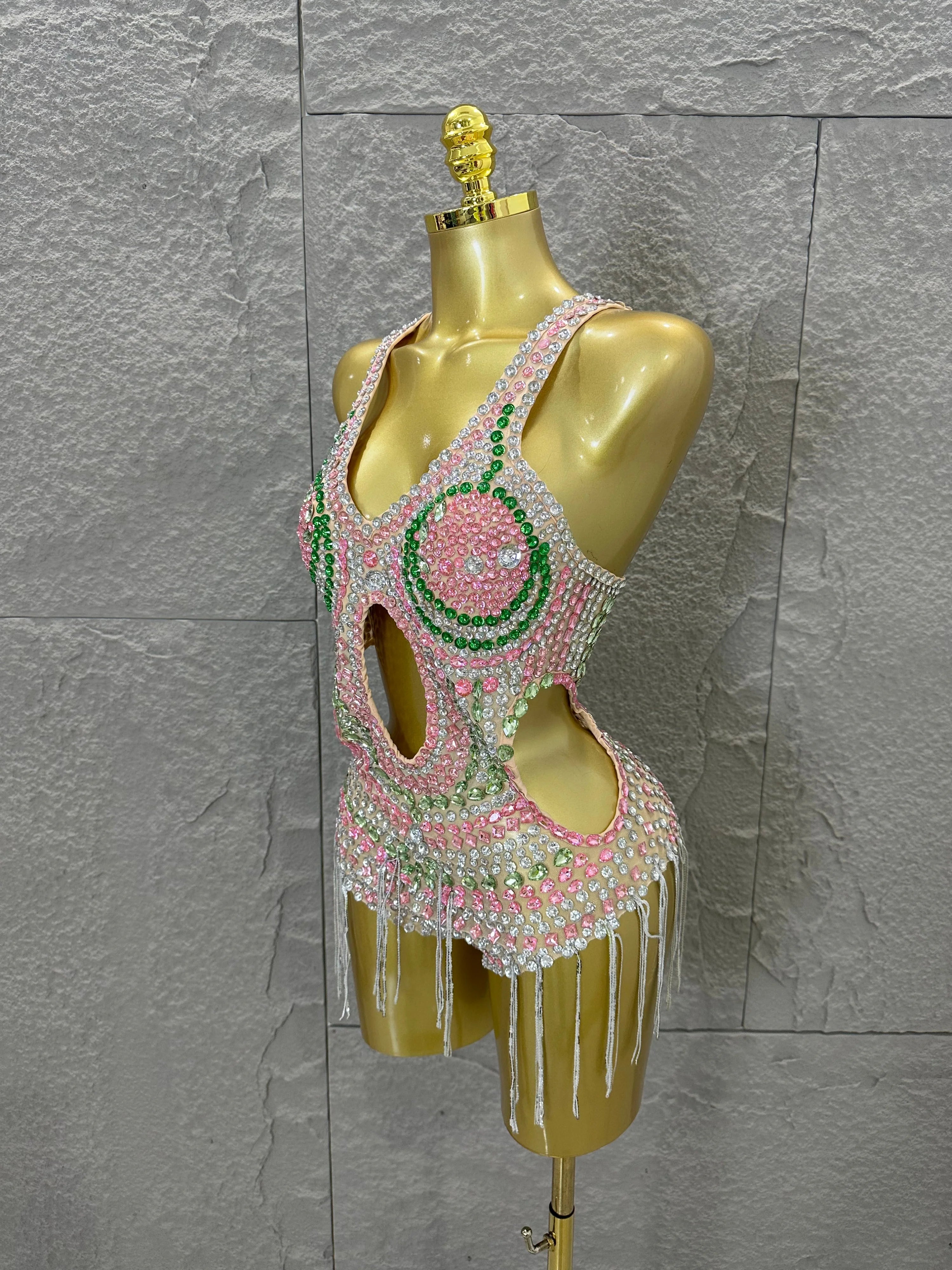 Sexy 2026 Crystal Bodysuit Women Sexy U-Neck Sheer Mesh Cutout Rhinestone Fringe Bodycon Outfit Nightclub Party Costume
