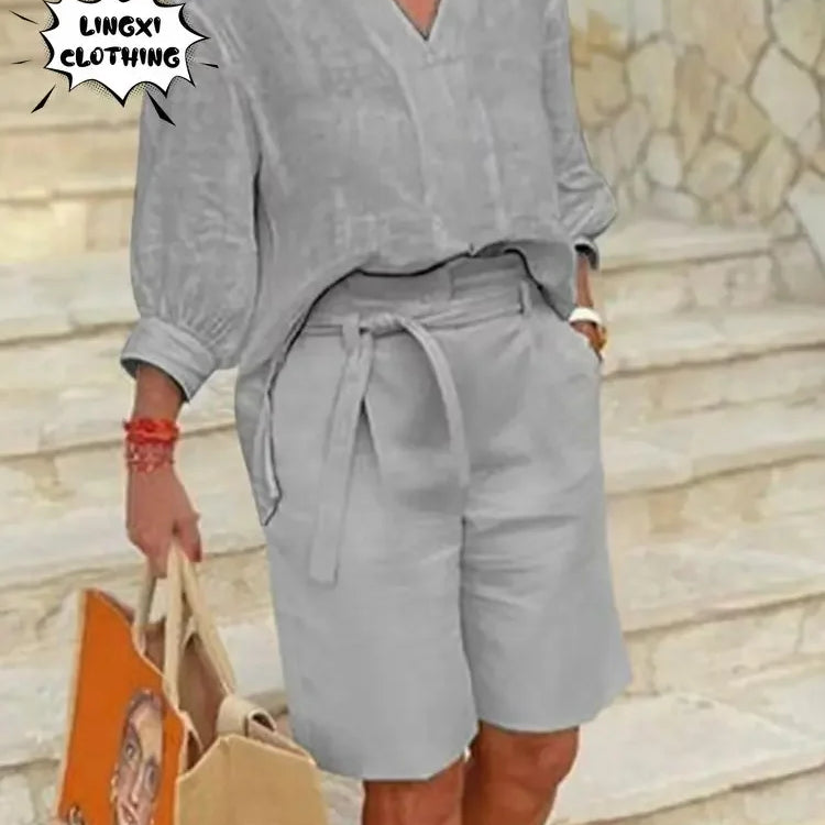 2024 Summer Fashion Plus Size New Matching Collection Women's Shorts Set V-neck Short Sleeves Sports Cotton Linen Two Piece Set