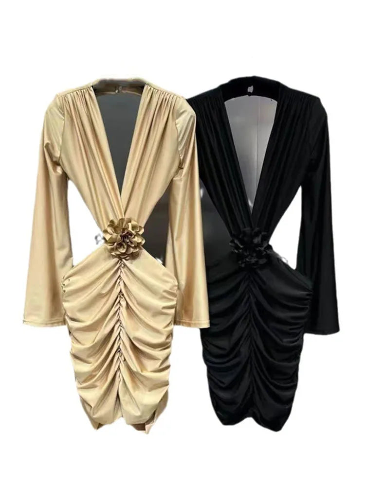 DEAT New Items Trendy Women's Wrinkled 3D Flower Chest Pad Dress Spring Fashion Long Sleeves V-neck Dresses Female 11XX8774