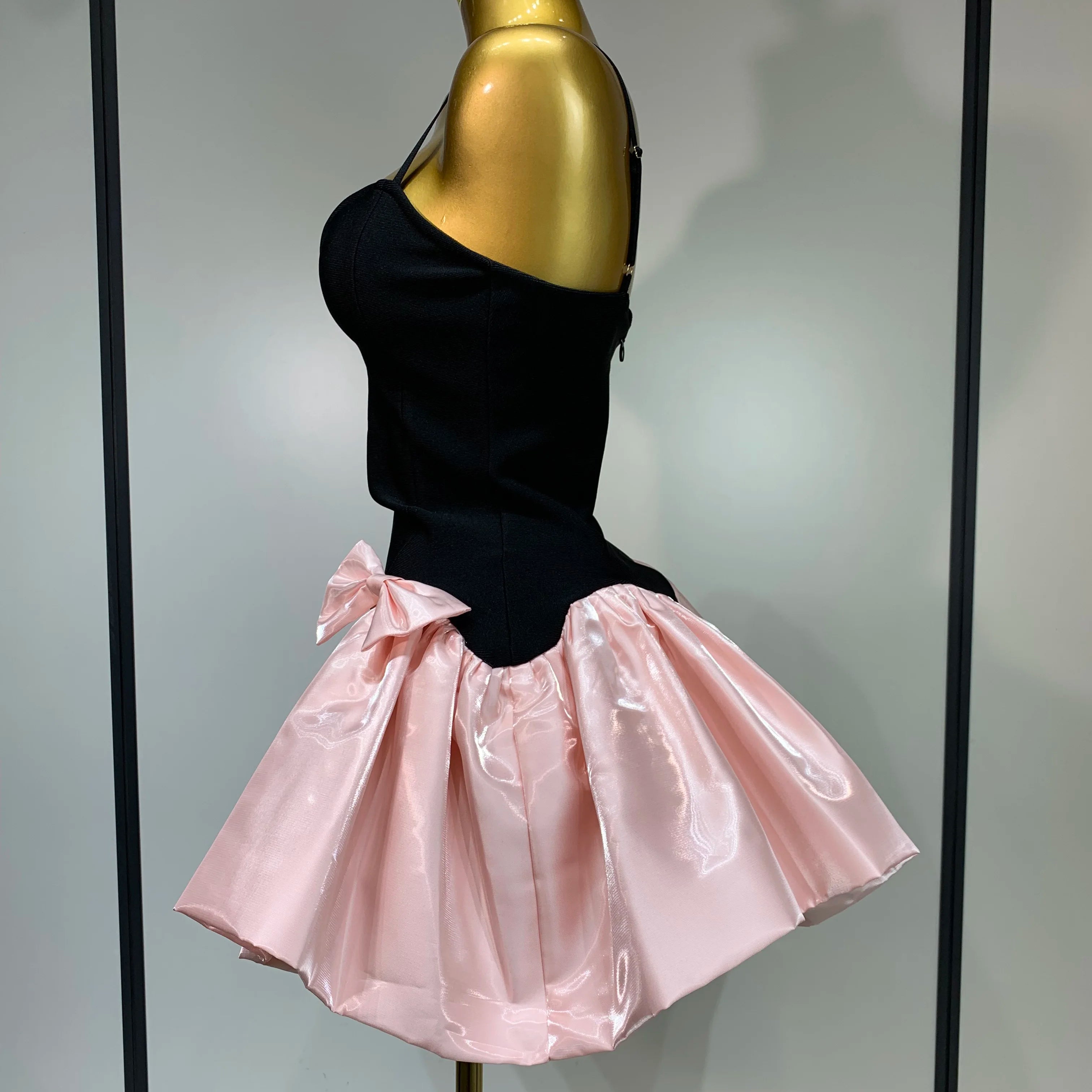 Women Sweety Short Bandage Dresses Evening Party Bow Decoration Bubble A-line Mini Girls Dress Elegant Luxury Birthday Dress