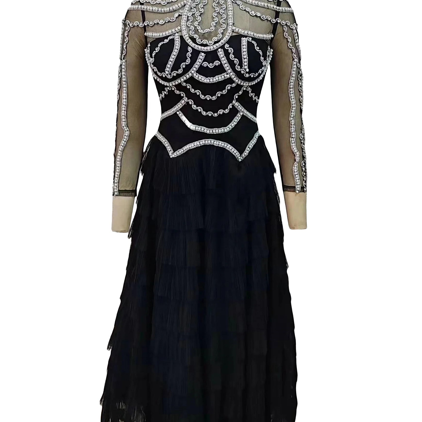 Shining Diamonds Pearl Beading Sexy See Through Mesh Ball Gown Dress Woman Birthday Party Vestido Celebrity Party Outfit