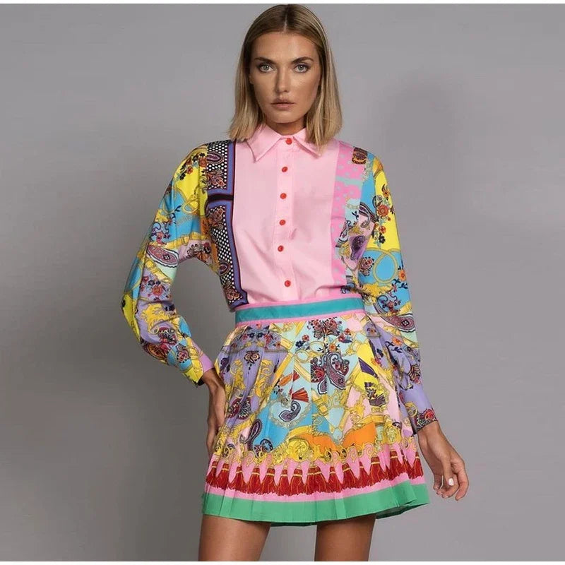 Elegant Print Short Shirt Skirts Sets Women Pink Lantern Long Sleeve Shirts Mini Pleated Female Summer Slim Ladies Suit