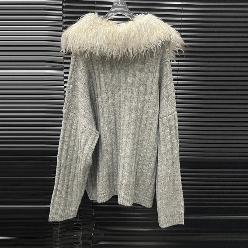 Autumn Winter New Large Fur Collar Knitted Soft Warm Sweater For Women Casual Solid Color Shorts Female 11A07781