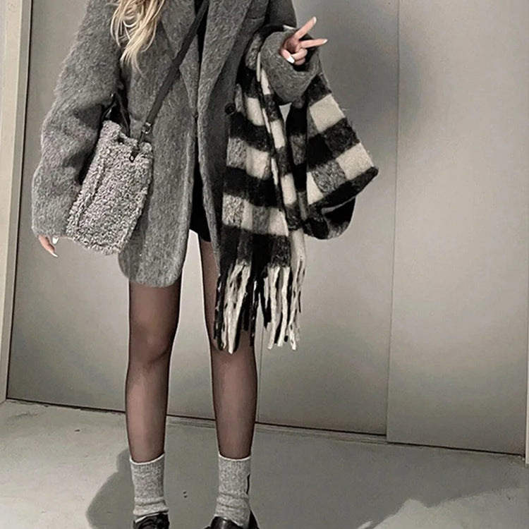 Lautaro Autumn Winter Grey Black Warm Soft Woolen Blazer Women Long Sleeve Single Breasted Korean Fashion New in Coats & Jackets Gray