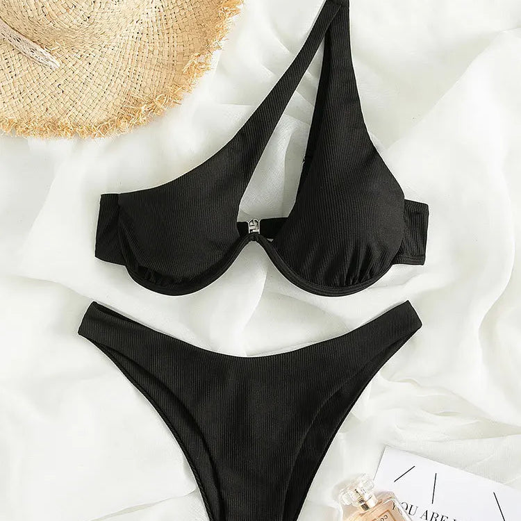 Sexy Bikinis Swimsuits Cut Out Women's Swimwear 2023 One Shoulder Biquini High Cut Bathing Suits Push Up Beach Bikini Set Black