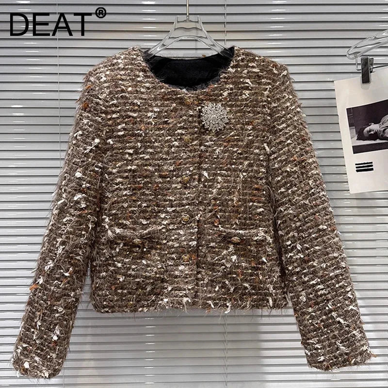 Winter New Fashion Style Rhinestone Flower Pin Knitted Thick Tweed Cotton Inner Short Coat For Women Jacket 11A07835