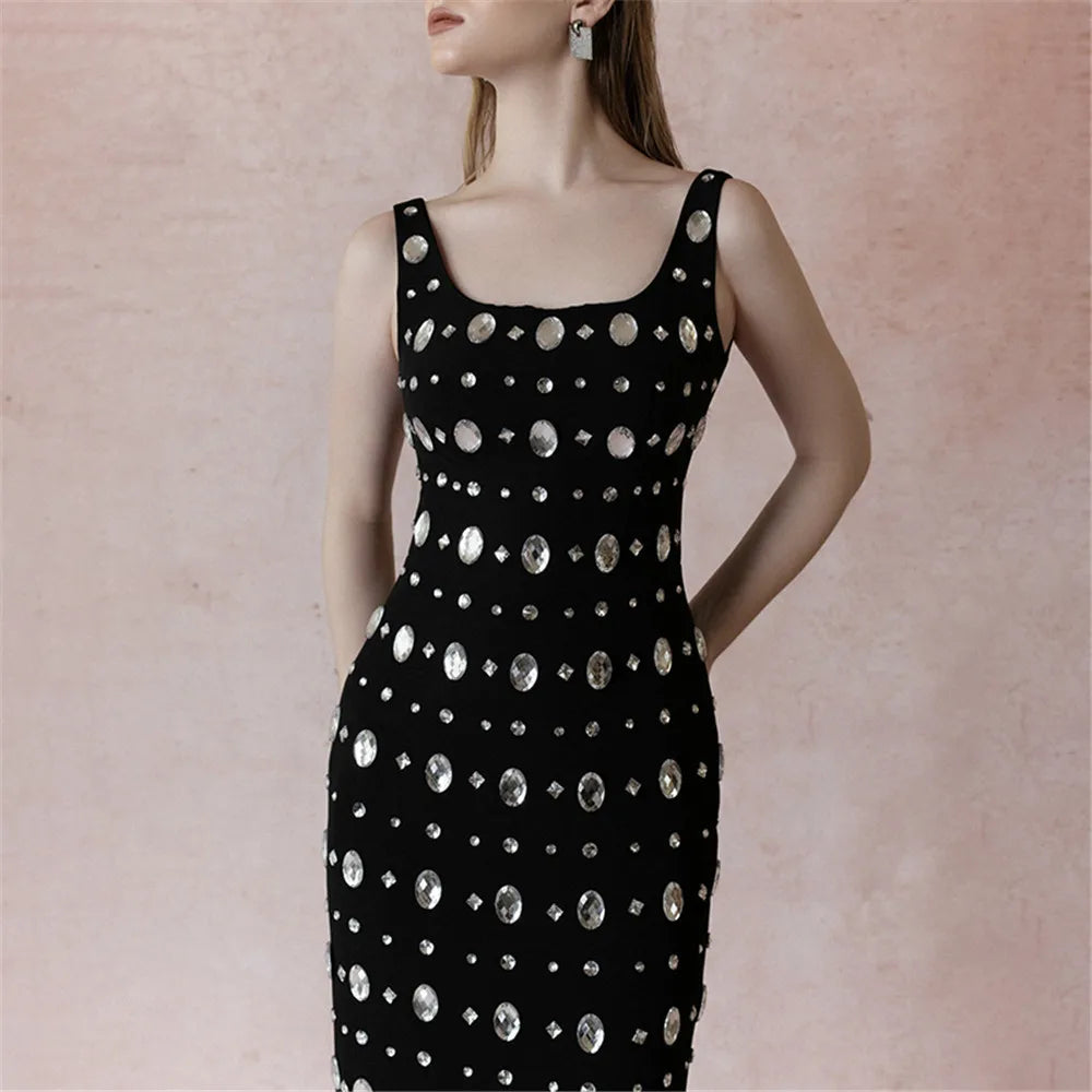Big Crystal Women Sleeveless Sexy O-Neck Bodycon Long Bandage Dress Fashion Evening Party Cocktail Dress Vestido