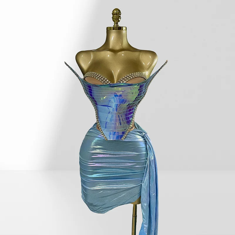 Fashionable Mirror Luxurious Rhinestone Lace -up Top And Mini Skirt Set 2 Pieces Woman Birthday Vestido Music Festival Outfit Silver