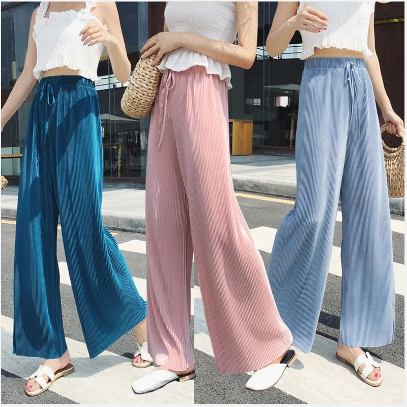 Women Pants Summer Spring Ice Silk Fashion Tide Korean Casual Cropped Pants Loose Elastic Waist High Pleated Wide Leg