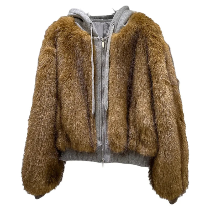 Winter New Trendy Fashion Furry Patchwork Design Sweatshirt For Women Loose Hooded Short Jacket Female 11A07771