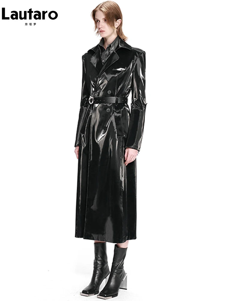 Lautaro Spring Long Shiny Reflective Hard Black Faux Patent Leather Trench Coat for Women Belt Double Breasted Overcoat 2025