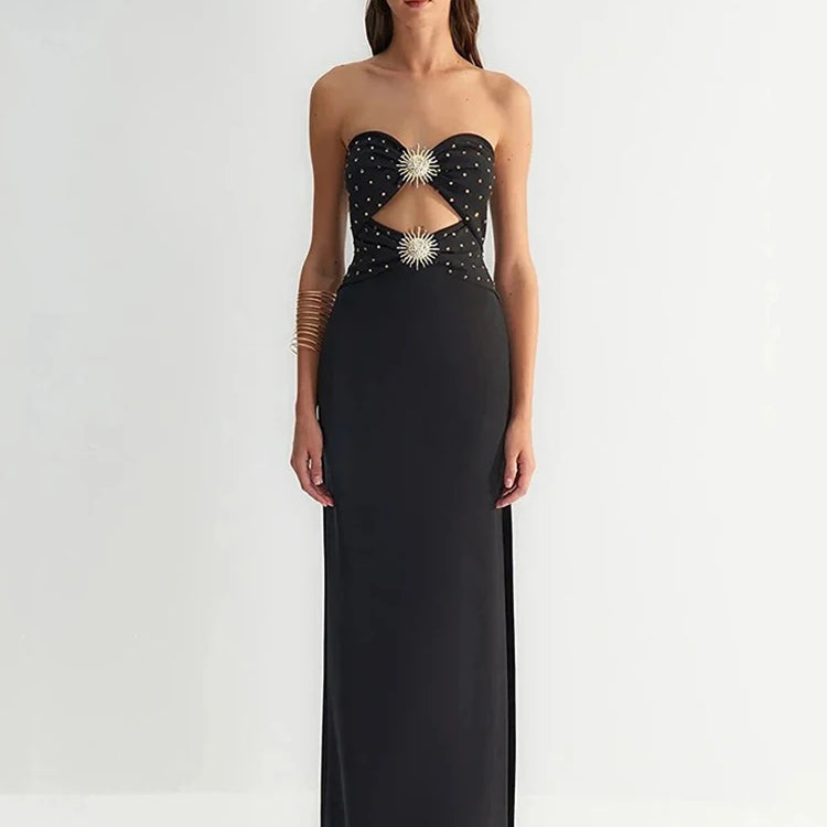 Black & Pink Sexy Strapless Hollow Out Diamond High Slit Shinning Rhinestones Bandage Long Dress Bodycon Celebrity Dress