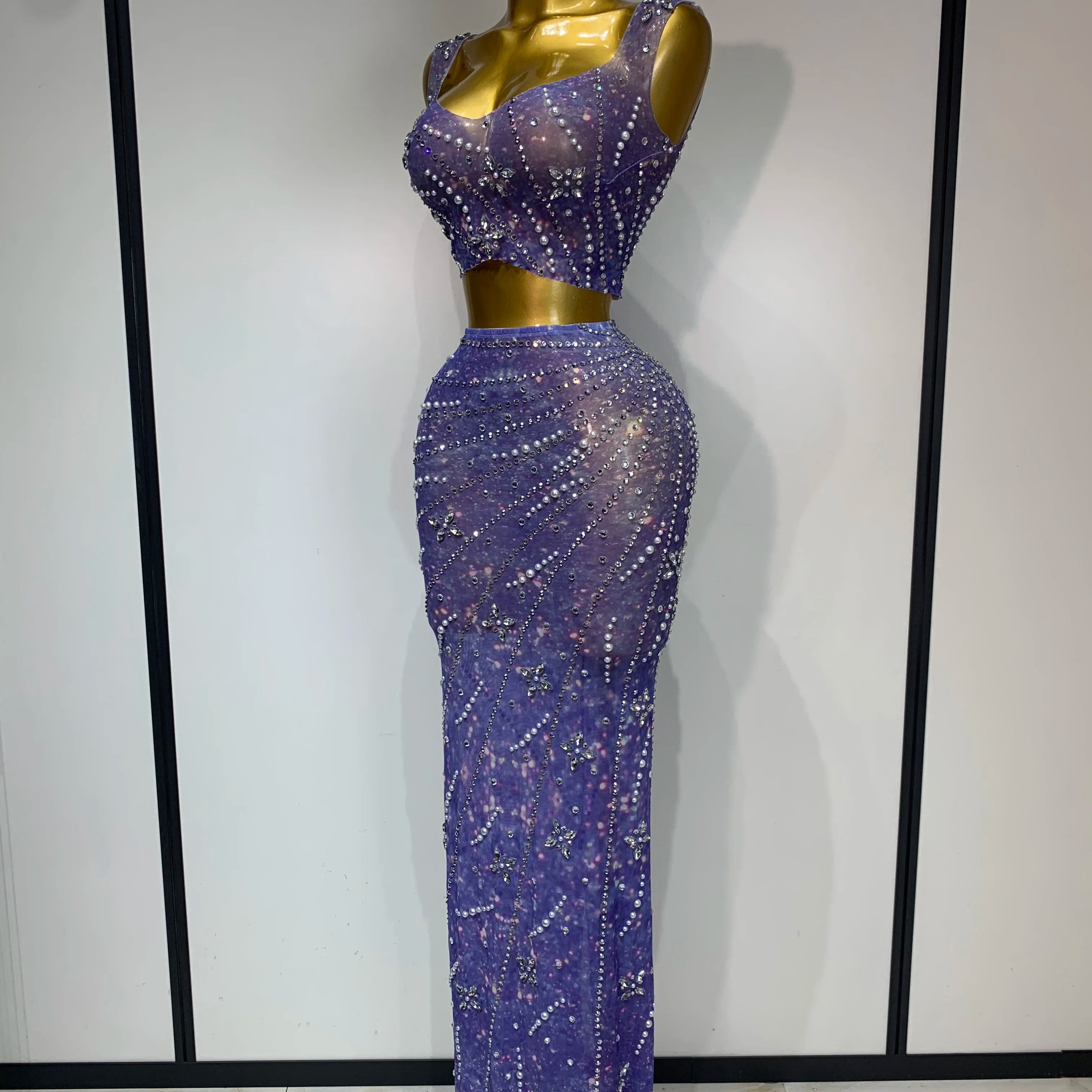 Sparkly Rhinestones Top Long Skirt Two Pieces Set Women Celebirty Luxury Birthday Dress Nightclub Stage Performance Costume