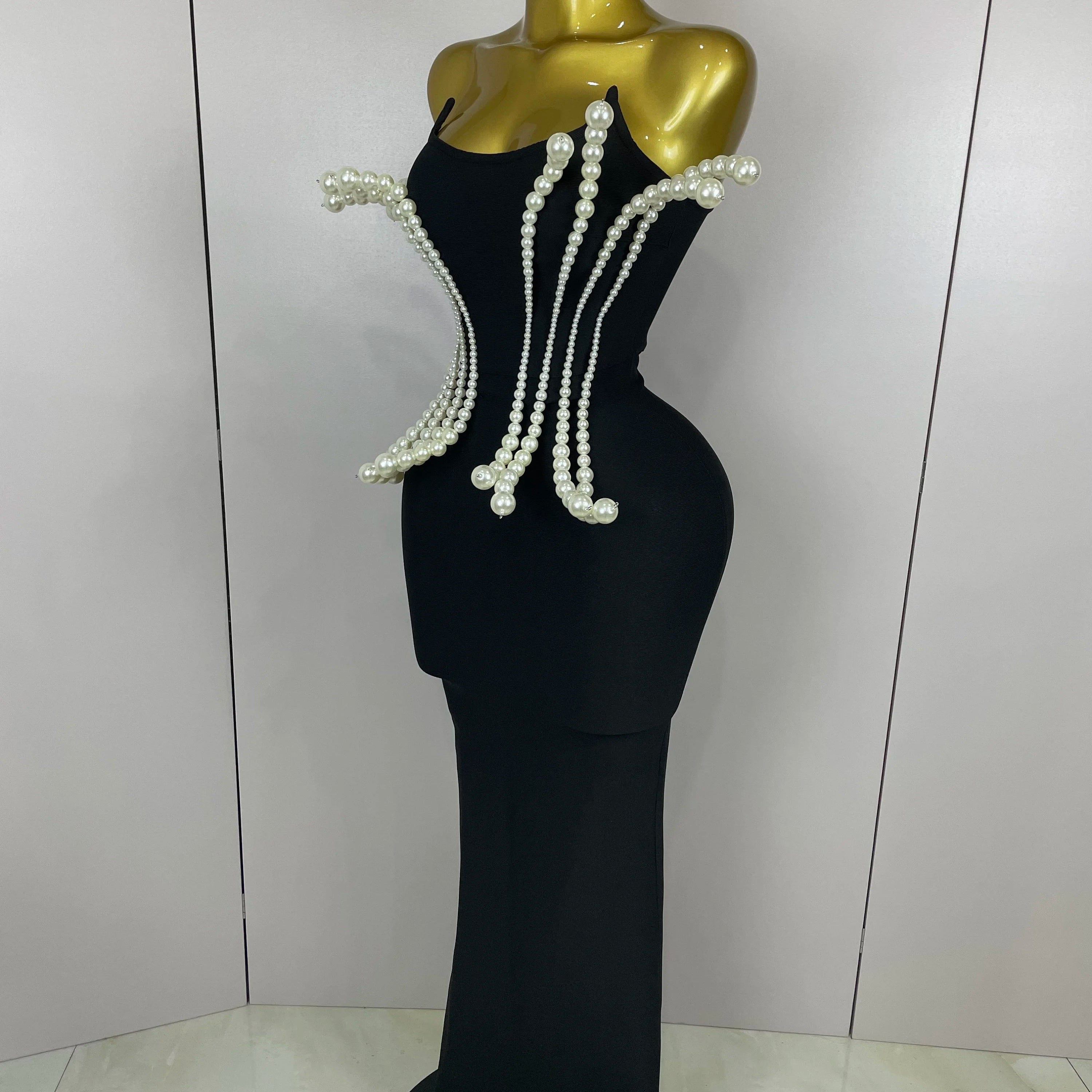 2025 New Sexy Strapless Pearl Beading Bodycon Long Bandage Dress Women Fashion Elegant Evening Party Luxury Birthday Dresses