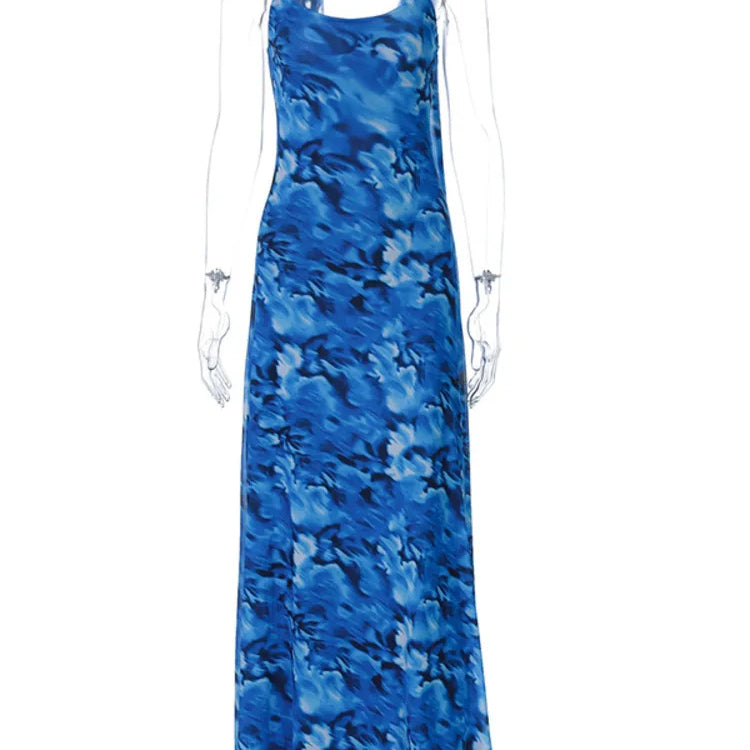 Halter Backless Print Sexy Maxi Dress For Women Gown Elegant Blue Printed Lace-up Sleeveless Evening Long Dress