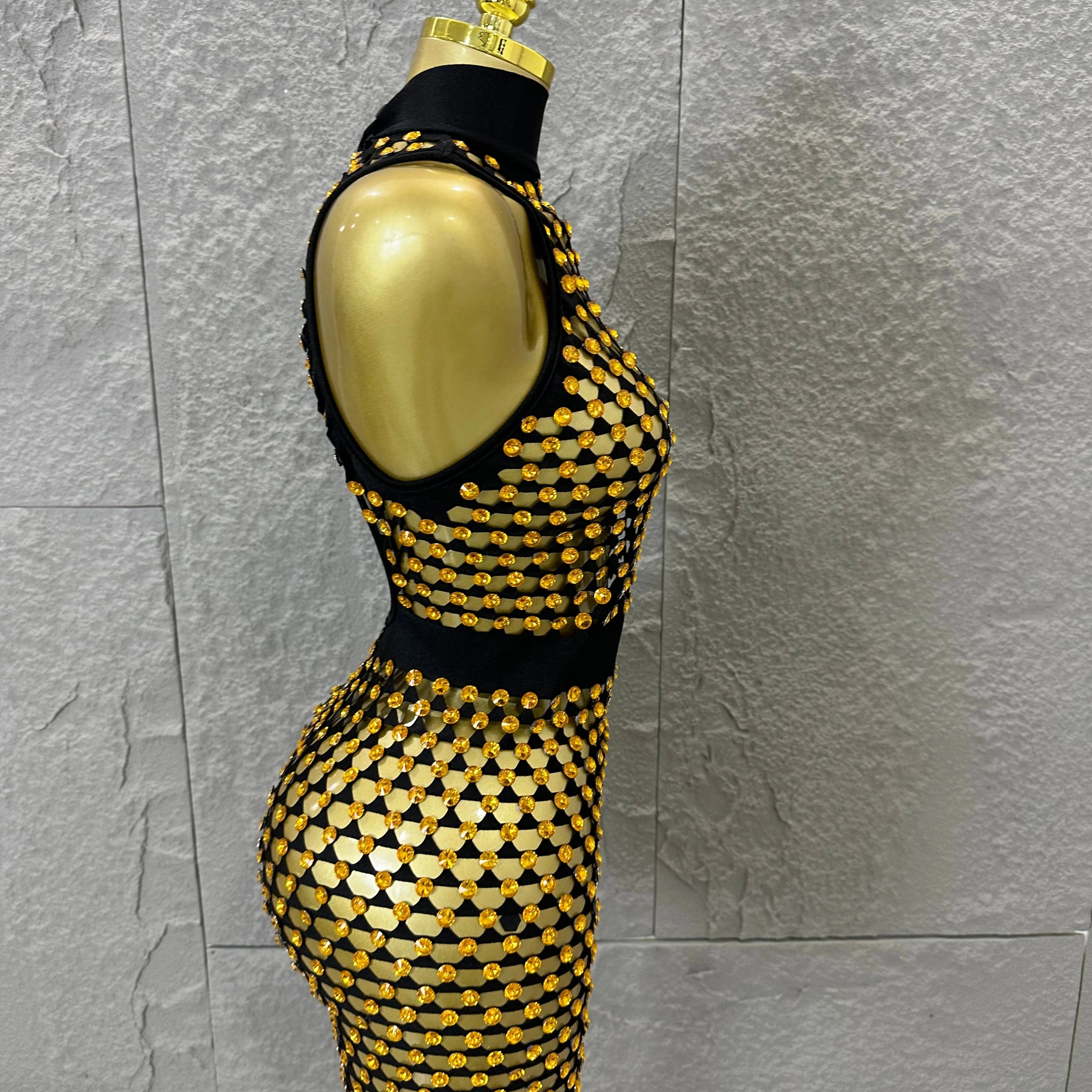 Luxury 2026 Glamorous Black Mesh Halter Mini Dress Sparkle Rhinestone Gold Silver Bead Bodycon Bar Stage Performance Costume