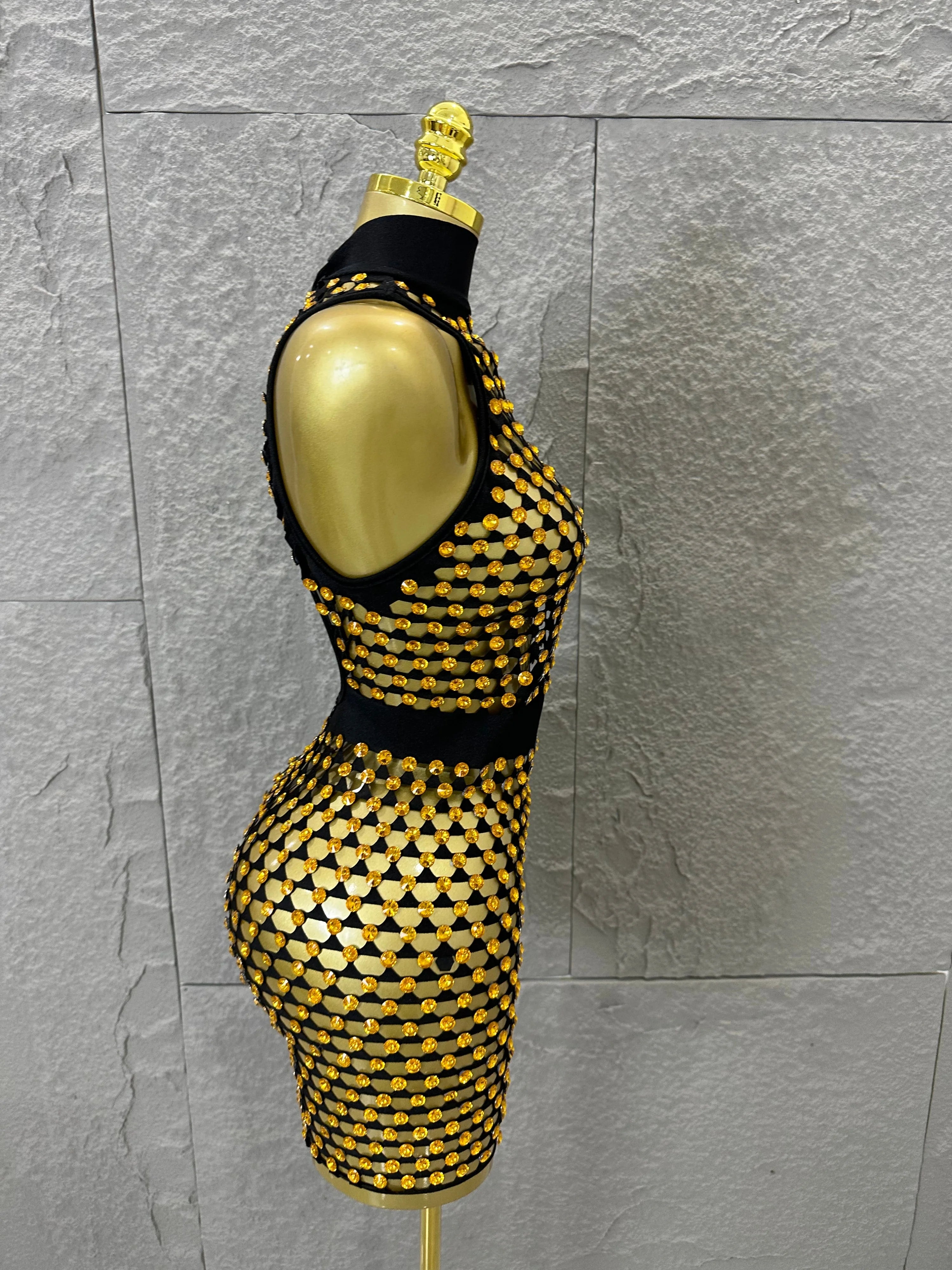 Luxury 2026 Glamorous Black Mesh Halter Mini Dress Sparkle Rhinestone Gold Silver Bead Bodycon Bar Stage Performance Costume