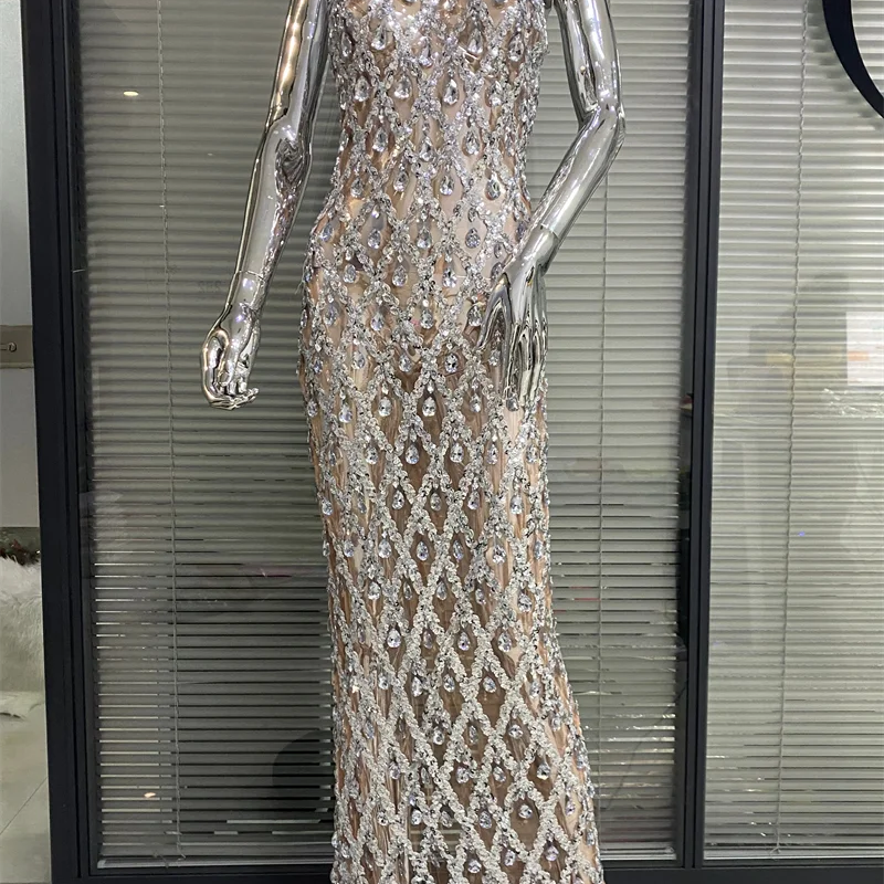 Shinning Big Crystal Women Sleeveless Sexy Halter Bodycon Long Dress Celebrate Birthday Party Nightclub Outfit Vestido