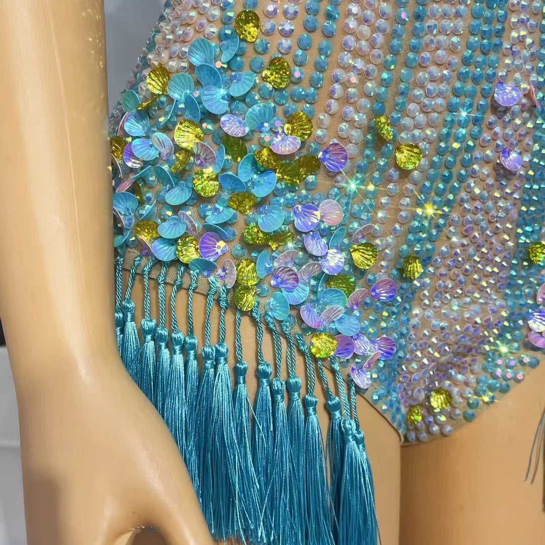 Sparkly Rhinestone Shell Tassel Bodysuit Club Dance Performance Leotard Women Nightclub Party Singer Stage Sexy Bodysuit Nanning