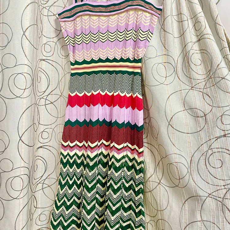 Bohemian Style Sleeveless Knitted Dress for Women, Slim Long Dresses, Geometric Pattern, Summer Party Dress, SL297, New