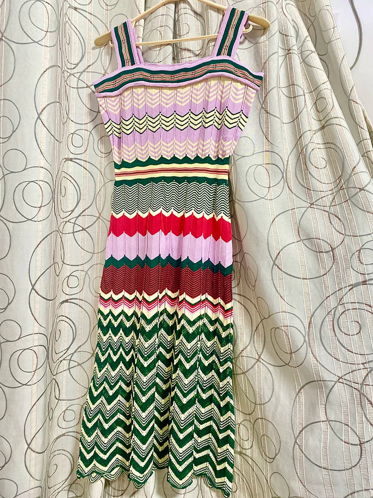 Bohemian Style Sleeveless Knitted Dress for Women, Slim Long Dresses, Geometric Pattern, Summer Party Dress, SL297, New