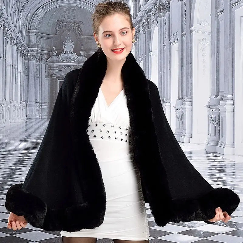 2025 Luxury Women's Faux Fur Collar Poncho Autumn Winter Warm Outwear Loose Cardigan Coat Big Pendulum Designer Cape Shawl