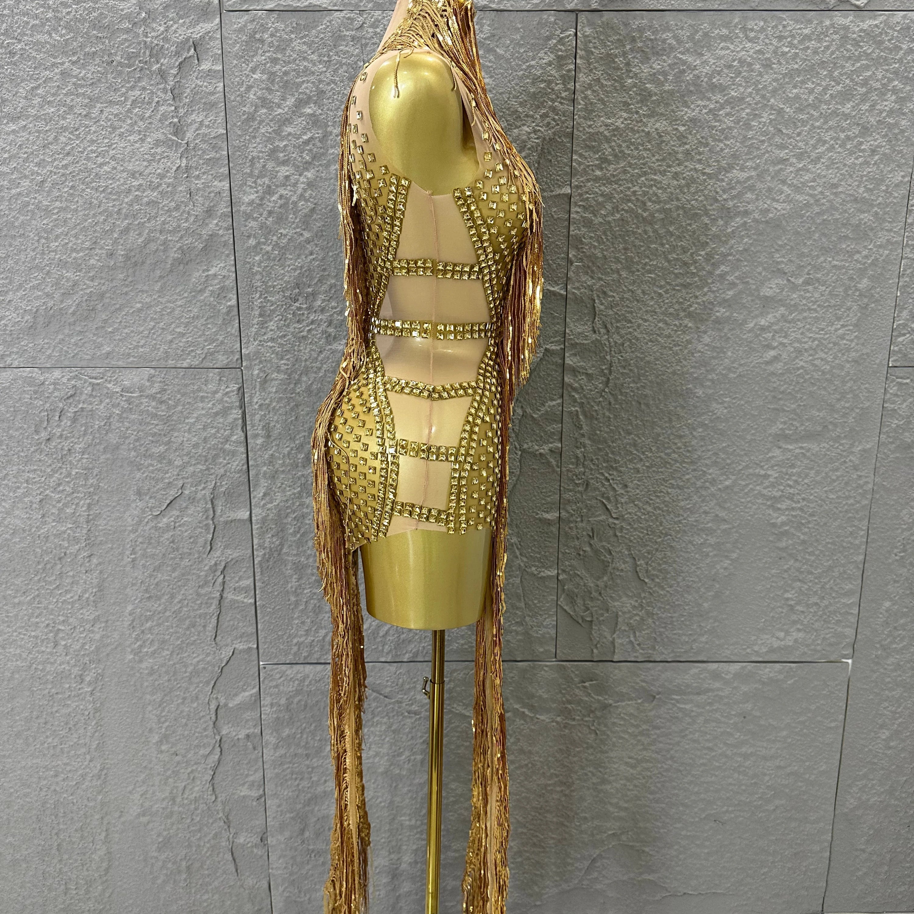 Opulent Gold Halter Neck Mini Dress Women Sexy Crystal Embellished Fringe Trim Form-Fitting Outfit Formal Event Party Costume