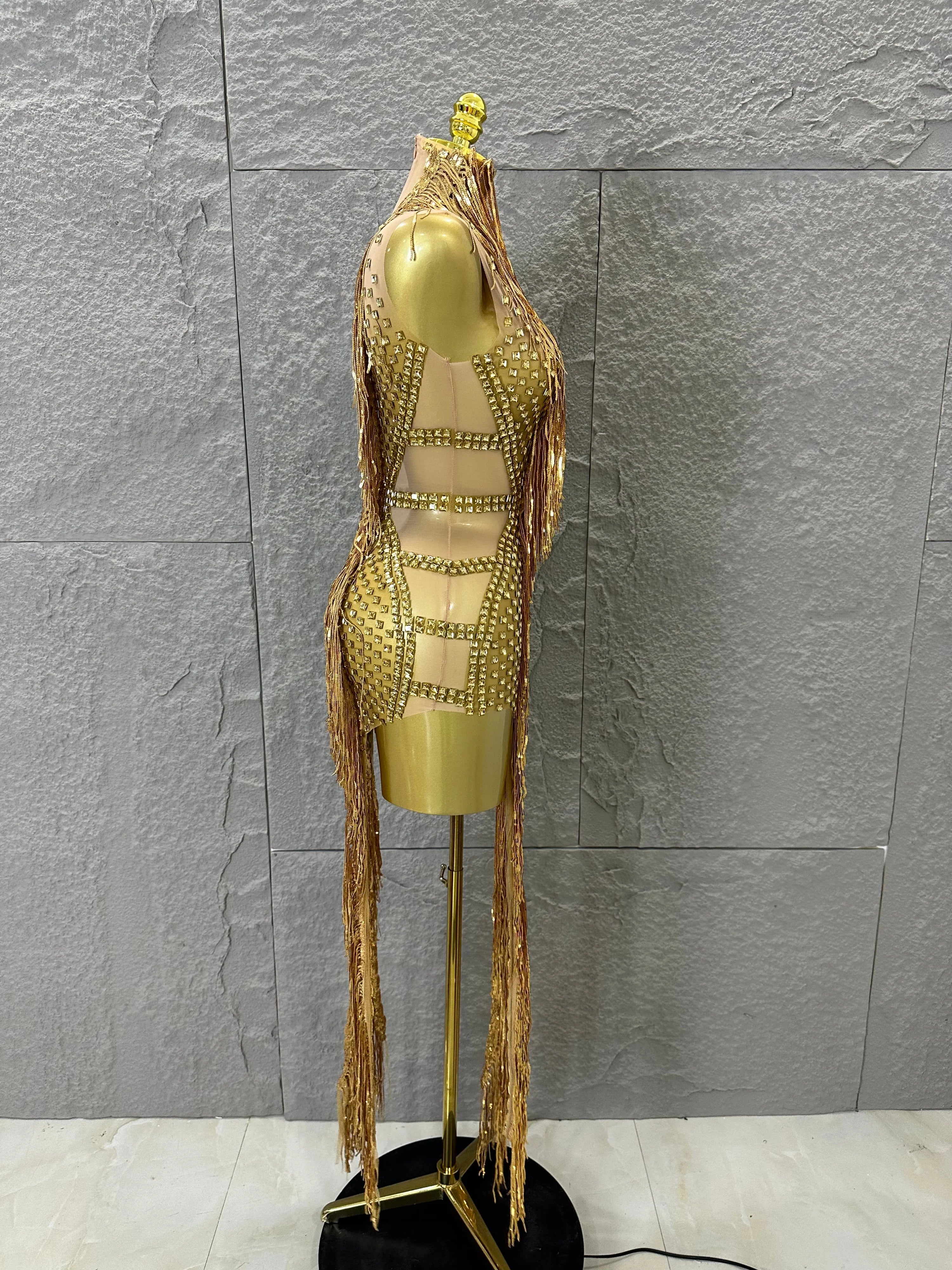 Opulent Gold Halter Neck Mini Dress Women Sexy Crystal Embellished Fringe Trim Form-Fitting Outfit Formal Event Party Costume
