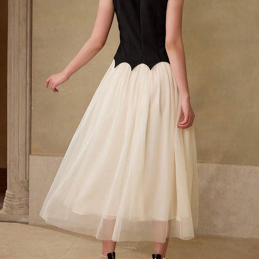 Hit Color Spliced Appliques Elegant Dresses for Women Round Neck Sleeveless Patchwork Mesh Dress Female Fashion New