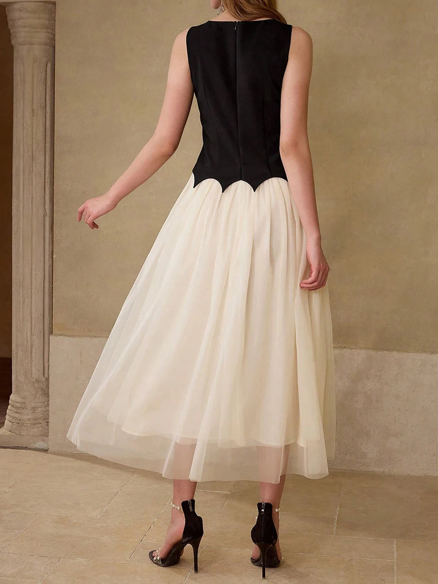 Hit Color Spliced Appliques Elegant Dresses for Women Round Neck Sleeveless Patchwork Mesh Dress Female Fashion New