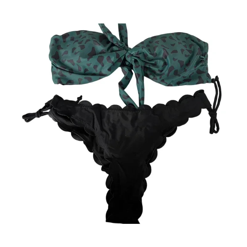 Beach Bikini Woman Sexy Front Lace Up Tie Strapless Leopard Swimsuit Female Push Up Ruffled Bow Bathing Suit Thong Swimwear green