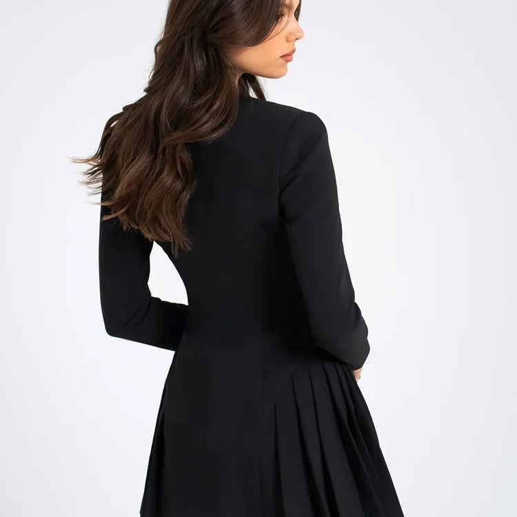 Fantoye Deep V-neck Single Breasted Pleated Women Blazer Mini Dress Long Sleeve A-line Dress Autumn New Elegant Official Clothes