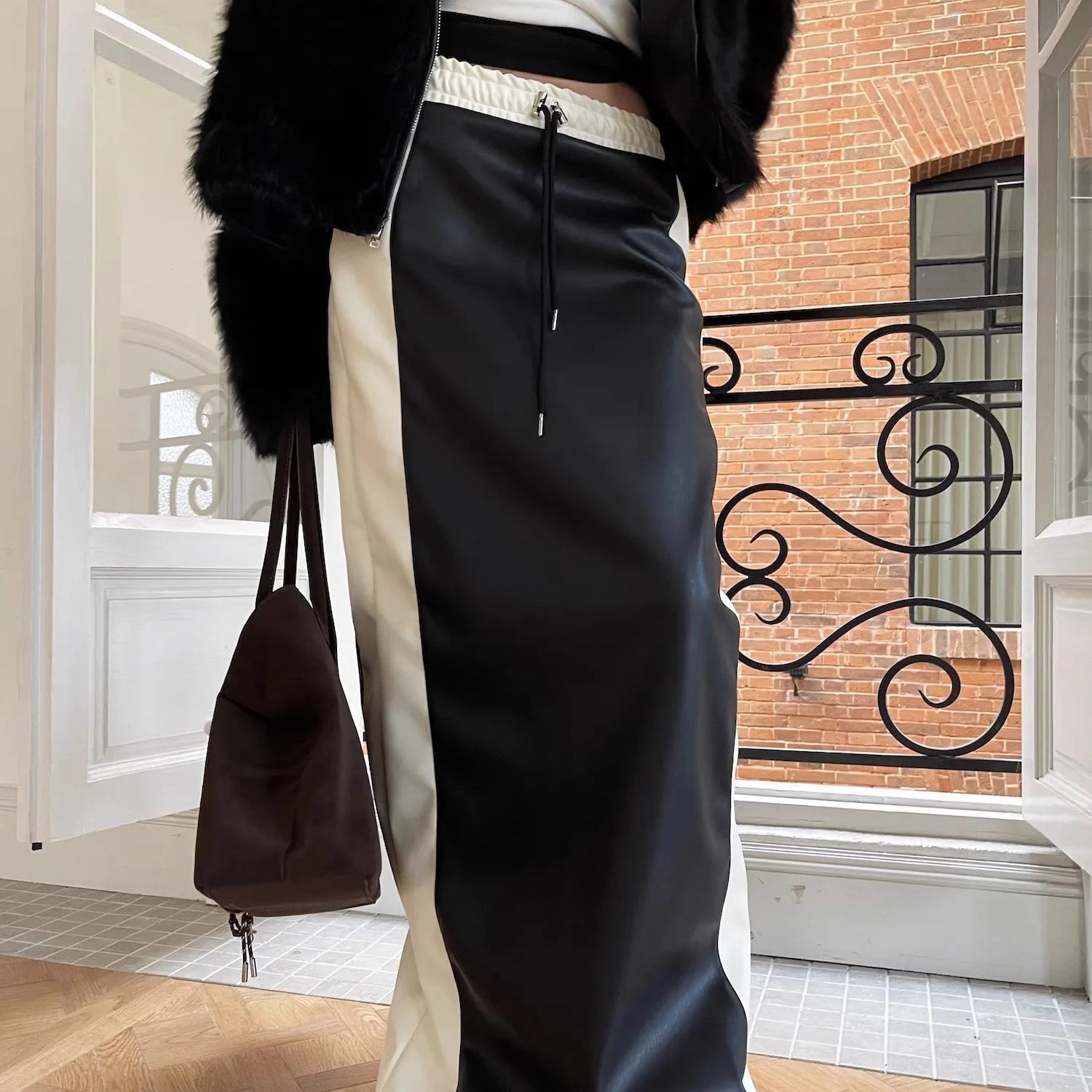 Lautaro Spring White and Black Patchwork Pu Leather Floor Length Straight Skirt Women with Back Slit Drawstring Elastic Waist