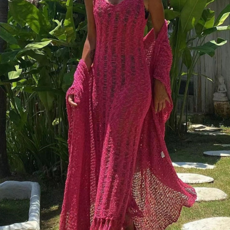 Summer Beach Clothes - Fringe Tassel Knitted Cover Up Cover-ups Beach Wear Sexy Vestidos Hollow Out Robe Long Dress Slit Rose red dress