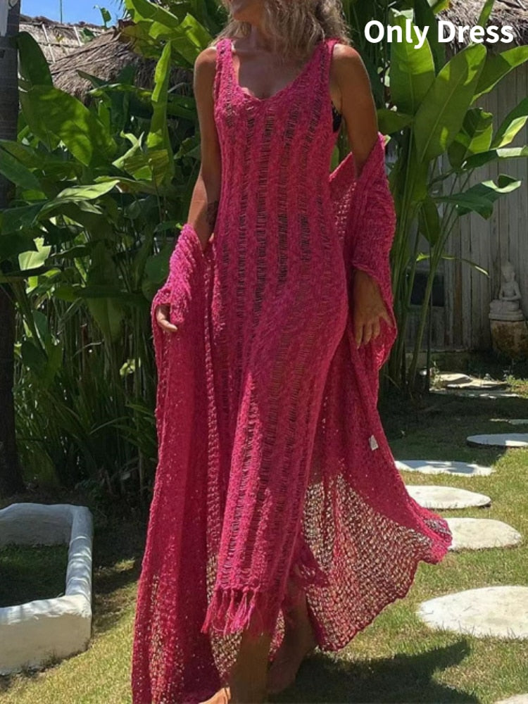 Summer Beach Clothes - Fringe Tassel Knitted Cover Up Cover-ups Beach Wear Sexy Vestidos Hollow Out Robe Long Dress Slit Rose red dress
