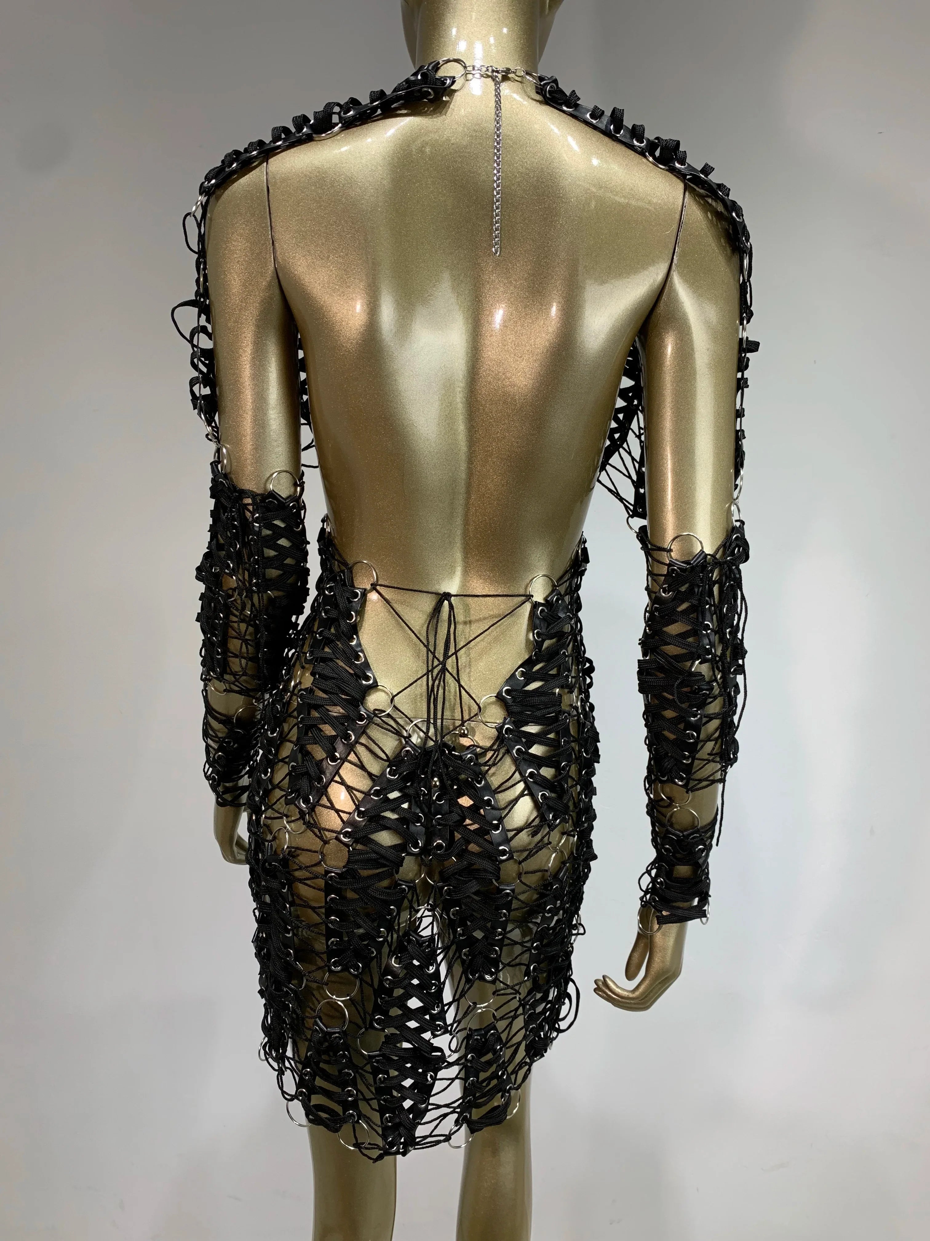 Sexy Long Sleeve Hollow Out Black Mini Laced Backless Women Celebrity Dress Elegant Party Evening Club Vestido