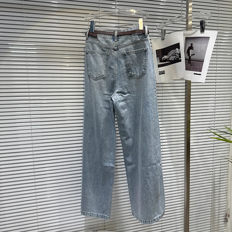 DEAT 2026 Spring New Street Style Rhinestone Pocket Belt Design Loose Wide-Leg Jeans For Women Straight Denim Pants 11A07800