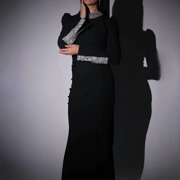 Black Long Sleeves Diamonds Turle Neck Dress Long Sleeves High Slit Celebrity Cocktail Party Bandage Long Dress Maxi Gowns