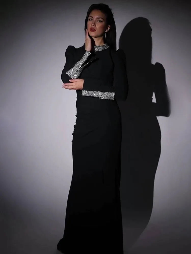 Black Long Sleeves Diamonds Turle Neck Dress Long Sleeves High Slit Celebrity Cocktail Party Bandage Long Dress Maxi Gowns