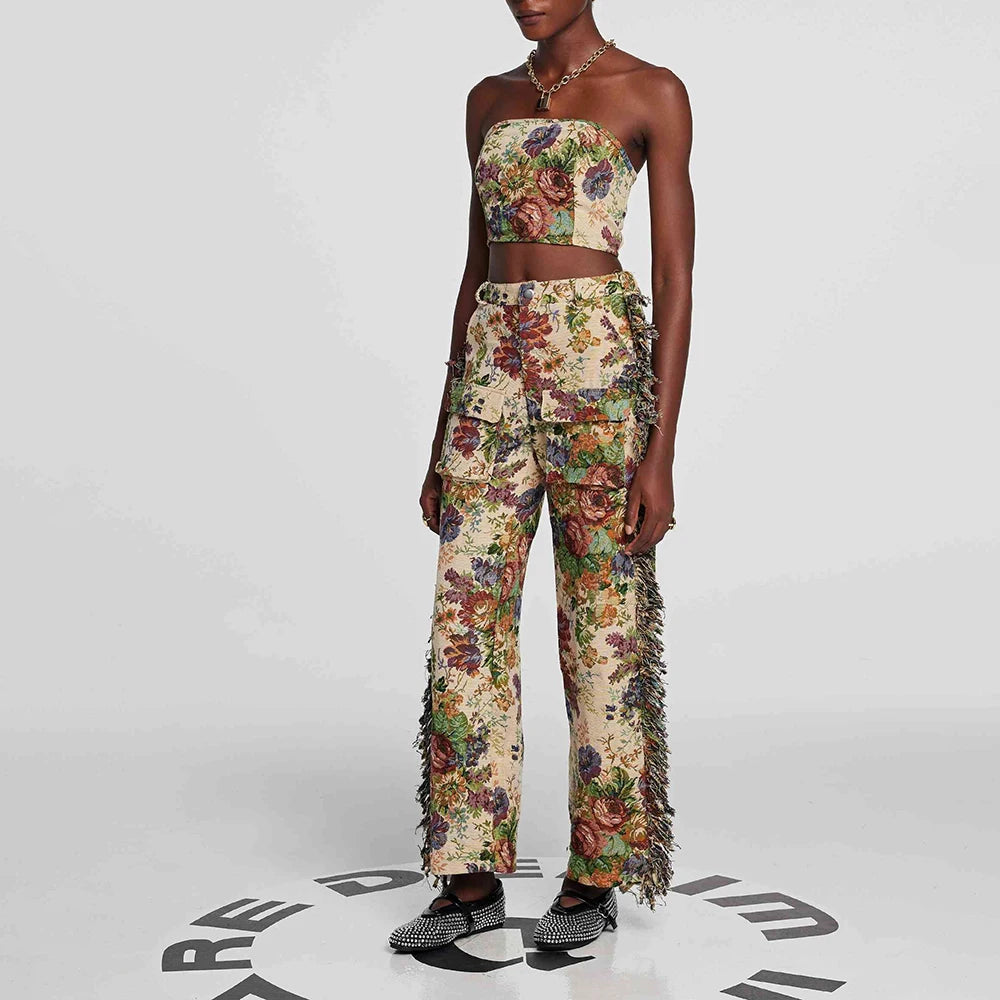 Hit Color Two Piece Set For Women Strapless Sleeveless Top High Waist Patchwork Tassel Pant Streetwear Sets Female