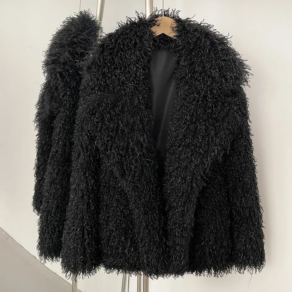 Faux Fur Jacket Women Fur Coat Warm Eco-friendly New in Winter Long Sleeve Female Office Lady Chic Faux Fluffy Fur Outerwear Black